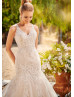 V Neck Beaded Lace Organza Illusion Buttons Back Wedding Dress